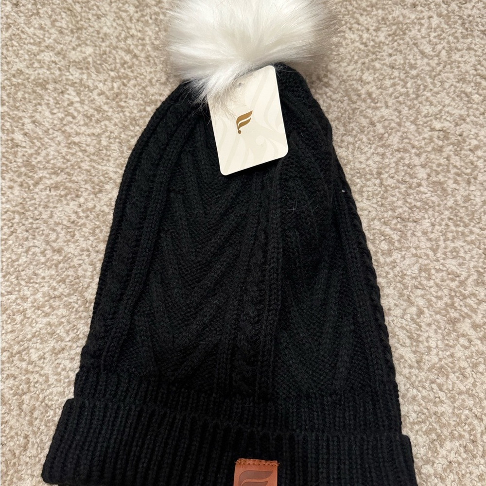 Fabletics Black Beanie with White Pom Pom